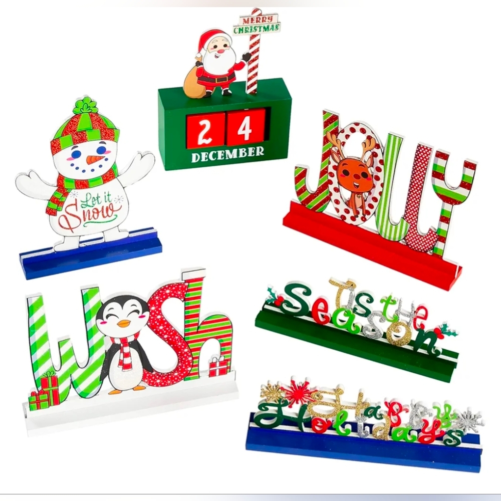 BNIB 6 Pcs Christmas Wooden Tabletop Centerpieces Decoration Set